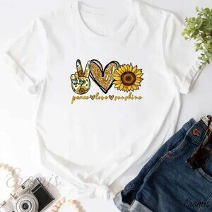 Sunflower Print T-Shirt, Peace Love Shirt, Sunflower Summer Unisex Shirt